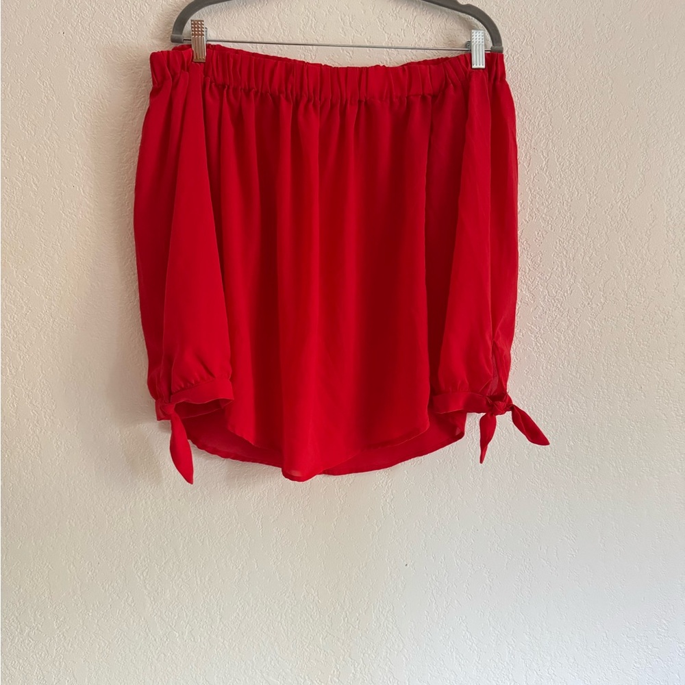 Red Off-Shoulder Blouse with Tie Sleeves